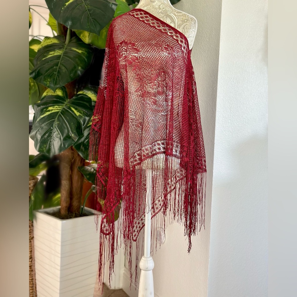 Sexy Burgundy Fringe Shawl Beach Vacation Summer Coachella Poolside Bikini Cover